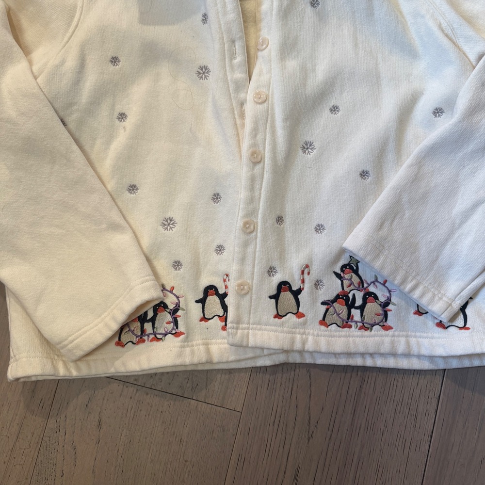 VTG Christopher & Banks W Lg Cream Penguin Embroidered Fleece Cardigan Jacket - Picture 2 of 6